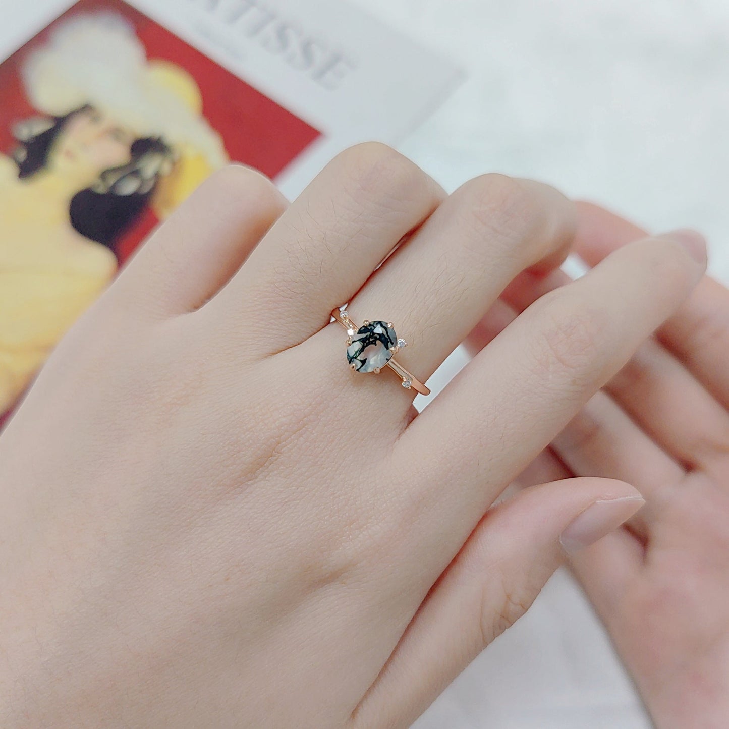 Oval Cut Simple Elegant Moss Agate Engagement Ring