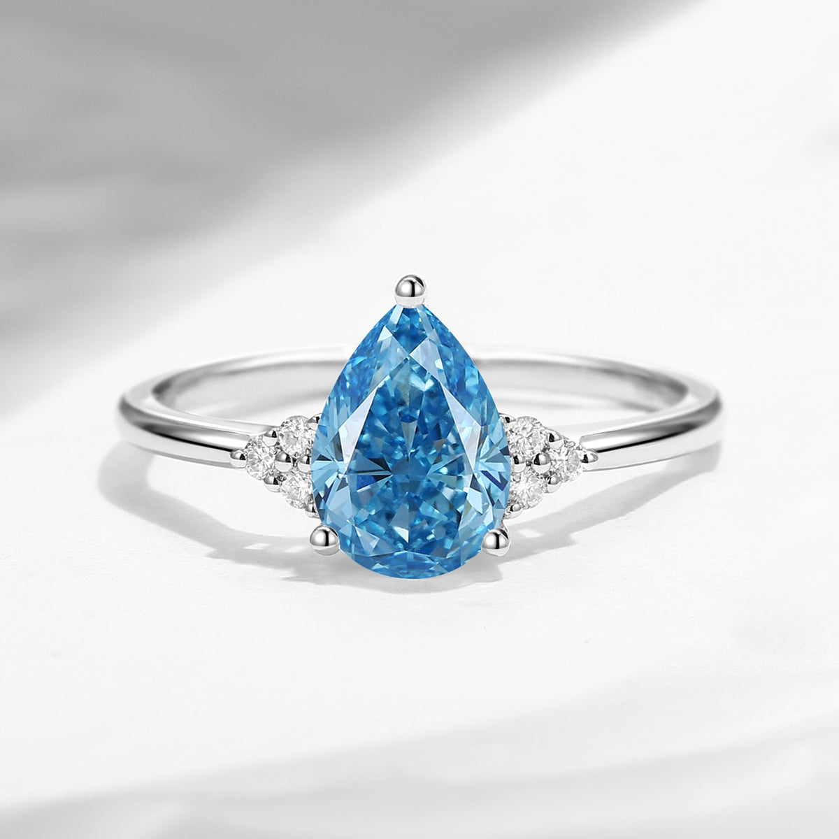 Pear Cut Classic Cluster Lab Blue Diamond Engagement Ring