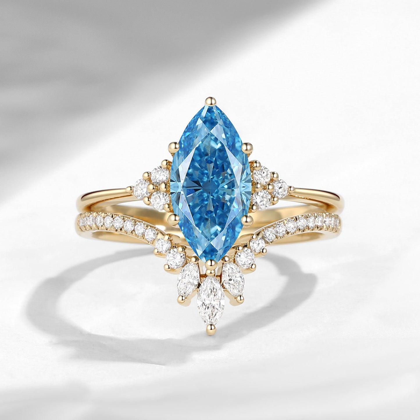 Classic Style Marquise Cut Lab Blue Diamond Cluster Engagement Ring Set 2pcs