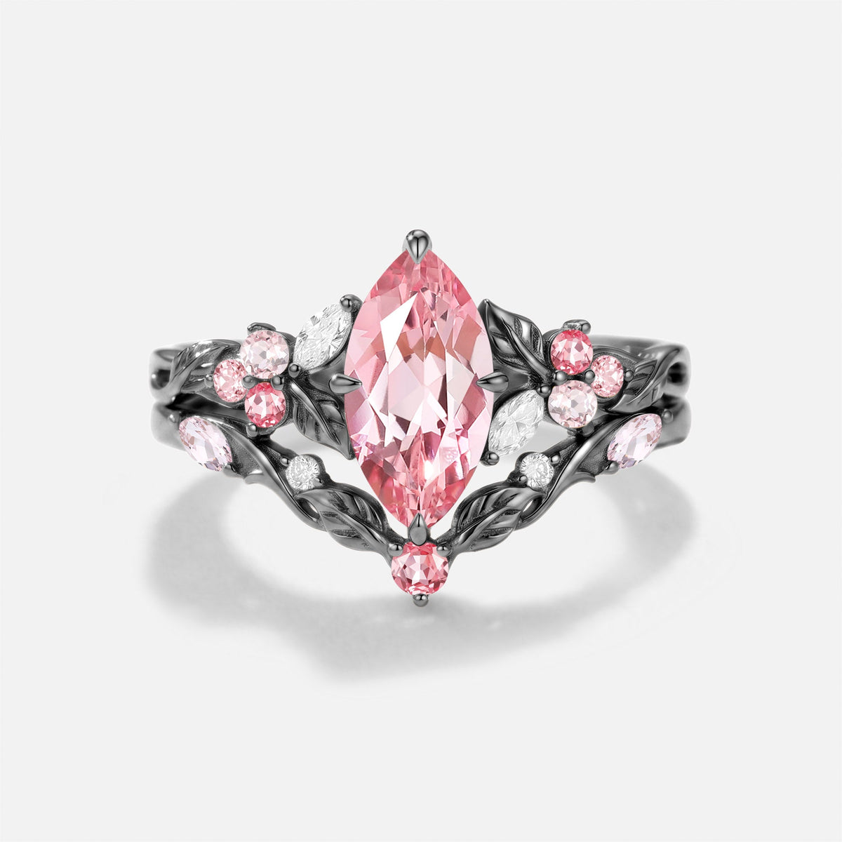 Marquise Cut Leaf Lab Pink Sapphire Engagement Ring Set 2pcs - Peony