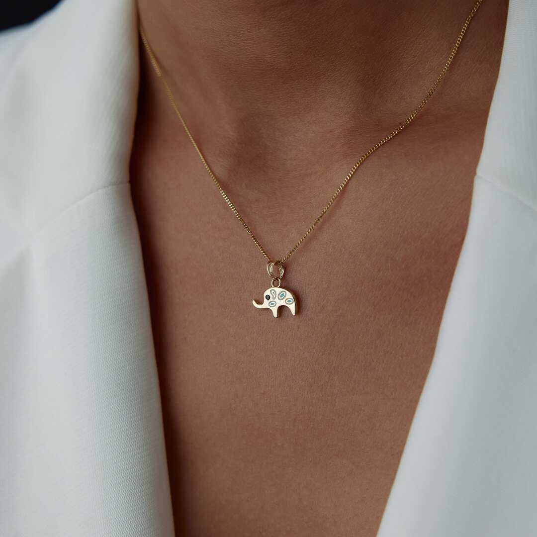 14k Gold Elephant Necklace with Evil Eye
