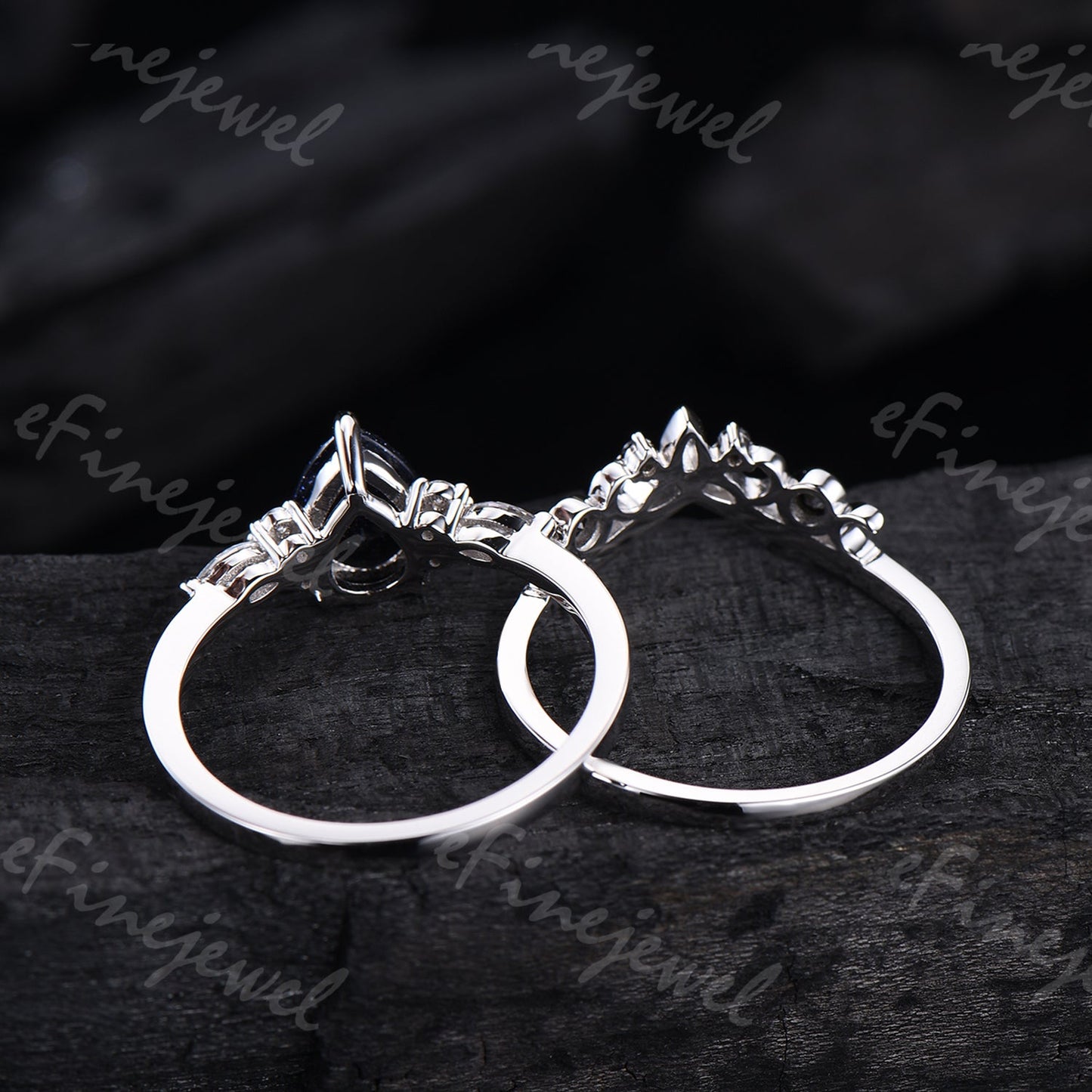 Pear Cut Emerald Engagement Ring Set White Gold Gothic Black Spinel Celtic Bridal Set