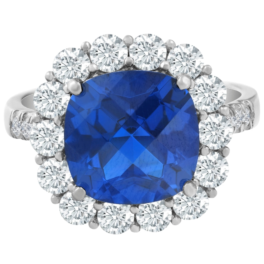 6.93Ct TW Natural Diamond Cushion Ring 14k White Gold Lab Grown Sapphire