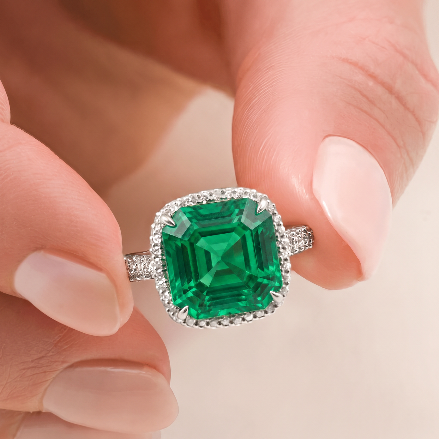 5.50Ct TW Emerald Asscher Cut & Pave Diamond Ring 14k White Gold Lab Grown