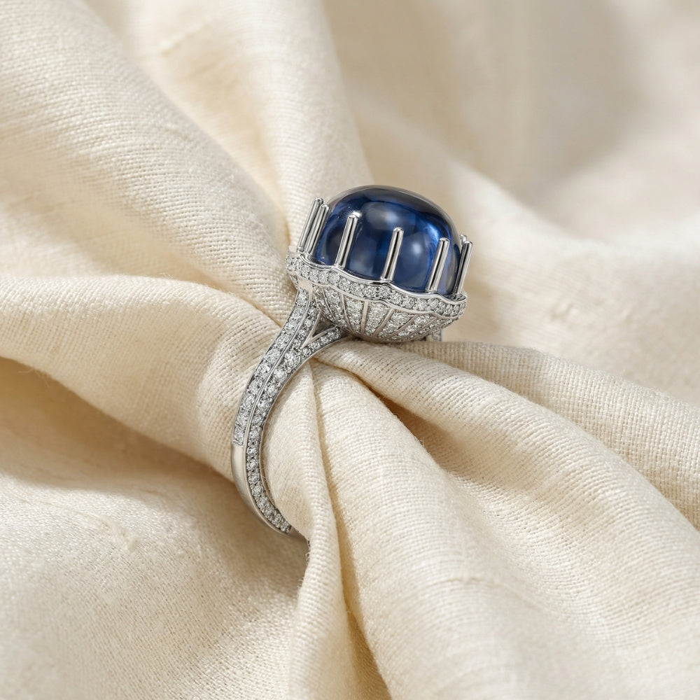22.70Ct Ceylon Star Sapphire Diamond Heirloom Ring 14k White Gold Lab Grown