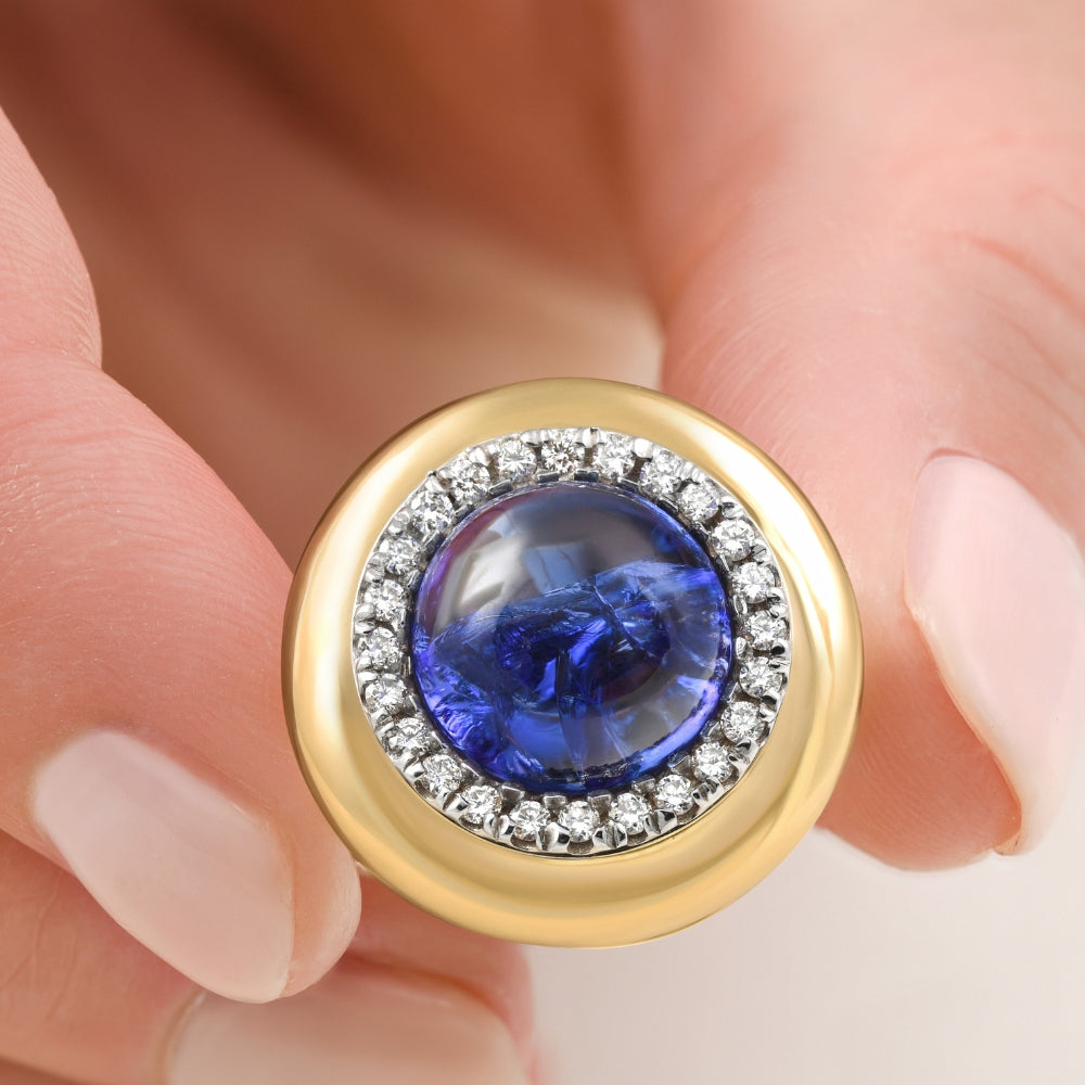 7.62Ct Natural Tanzanite & Lab Grown Diamond Button Ring 14k Yellow Gold