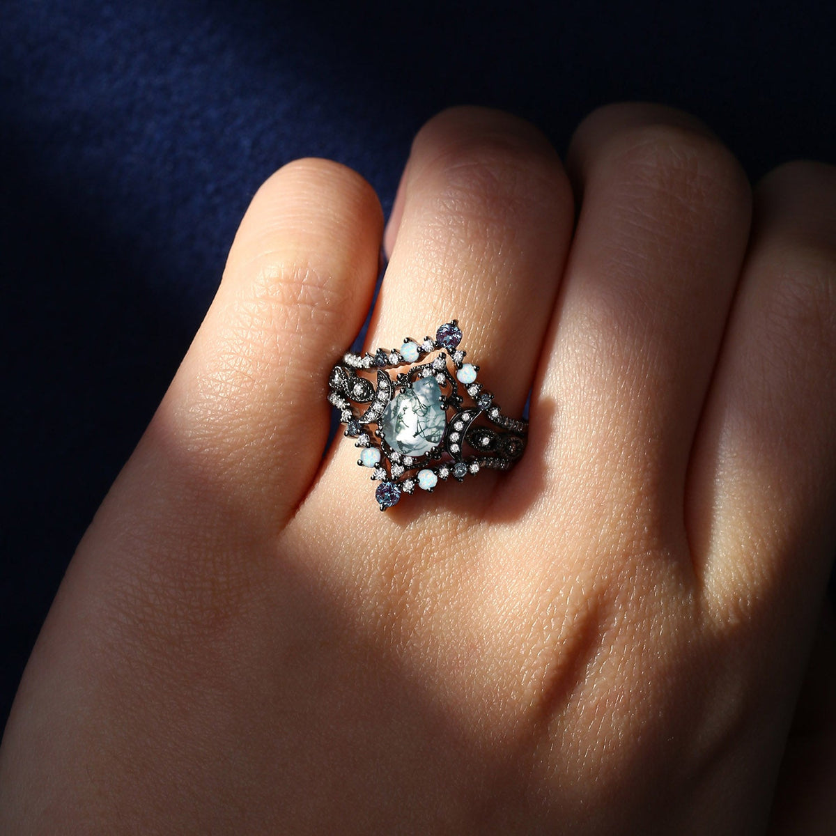 Crescent Moon | Pear Cut Moss Agate Alexandrite & Opal 'Black Statement' Ring Set 3pcs