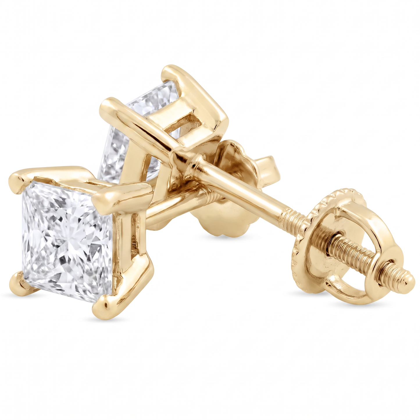 1Ct TW Princess Cut Natural Diamond Studs 14k Gold
