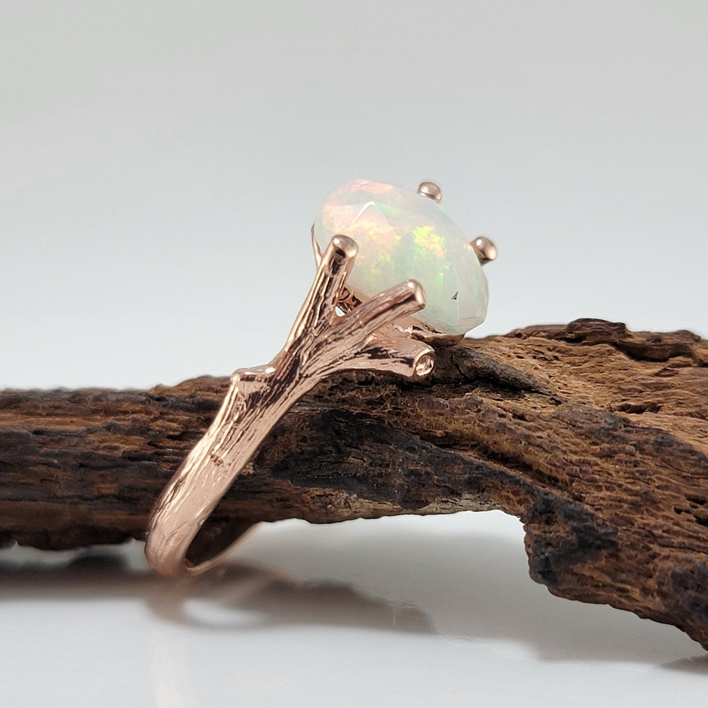 Ethiopian Rose Cut Opal Twig Engagement Ring in 14k Rose Gold