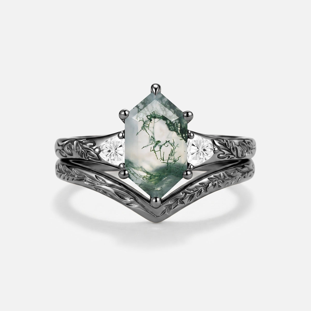 Elongated Hexagon Moss Agate Three-stone Engraved Engagement Ring Set 2pcs - Alivia