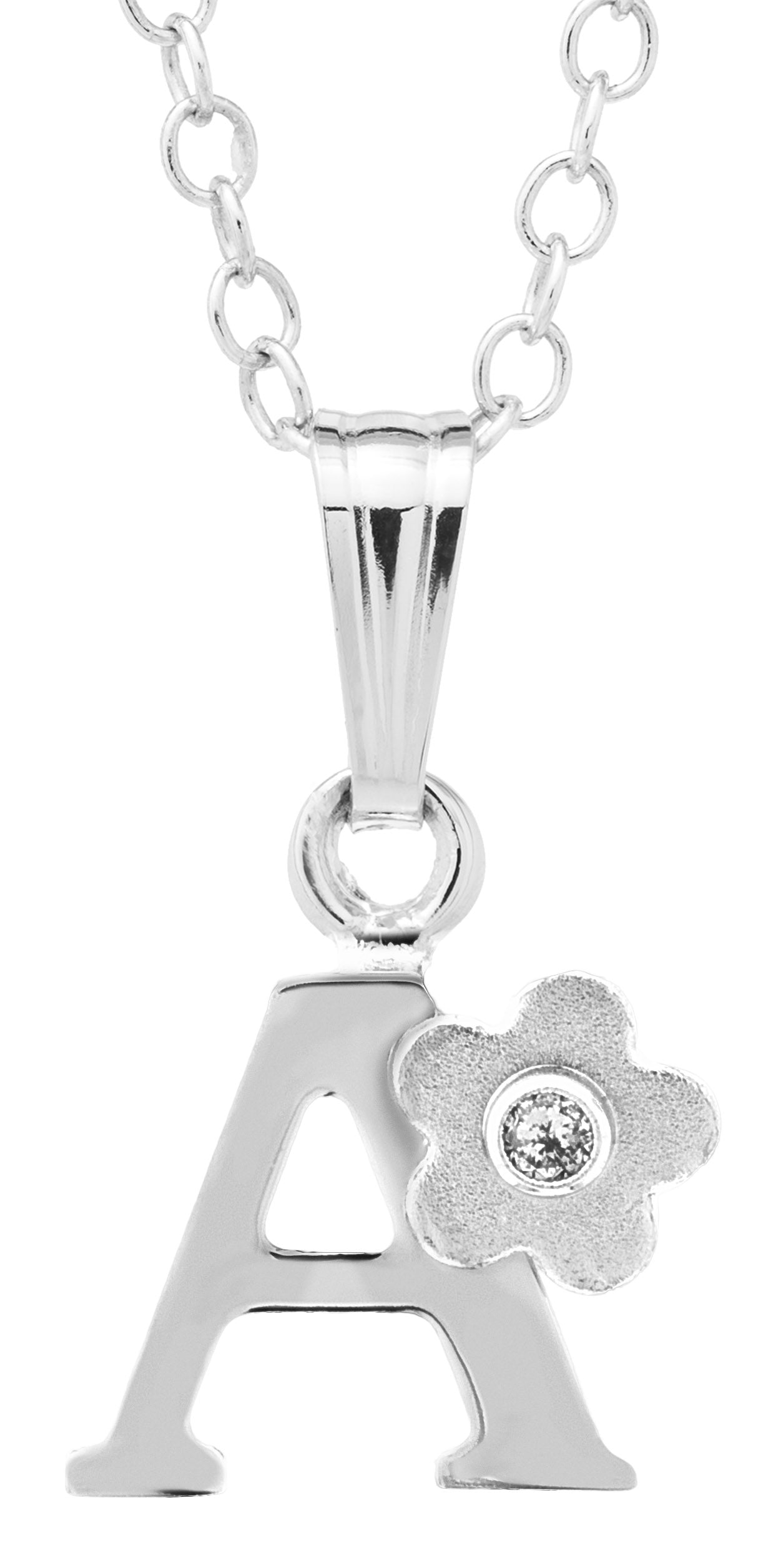 Sterling Silver Initial Diamond Flower "A" Necklace (15 inch)