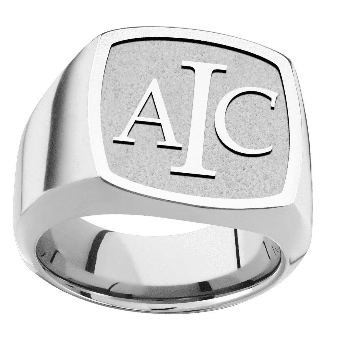 Large Cushion signet ring (18x18mm) in Cobalt Chrome, with a Wide style band and a Book Antiqua 3 Rev engraving.