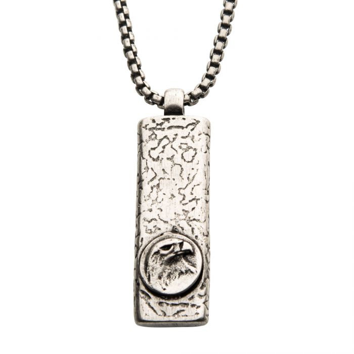 Stainless Steel Silver IP Dog Tag Necklace with Eagle Head Inlay