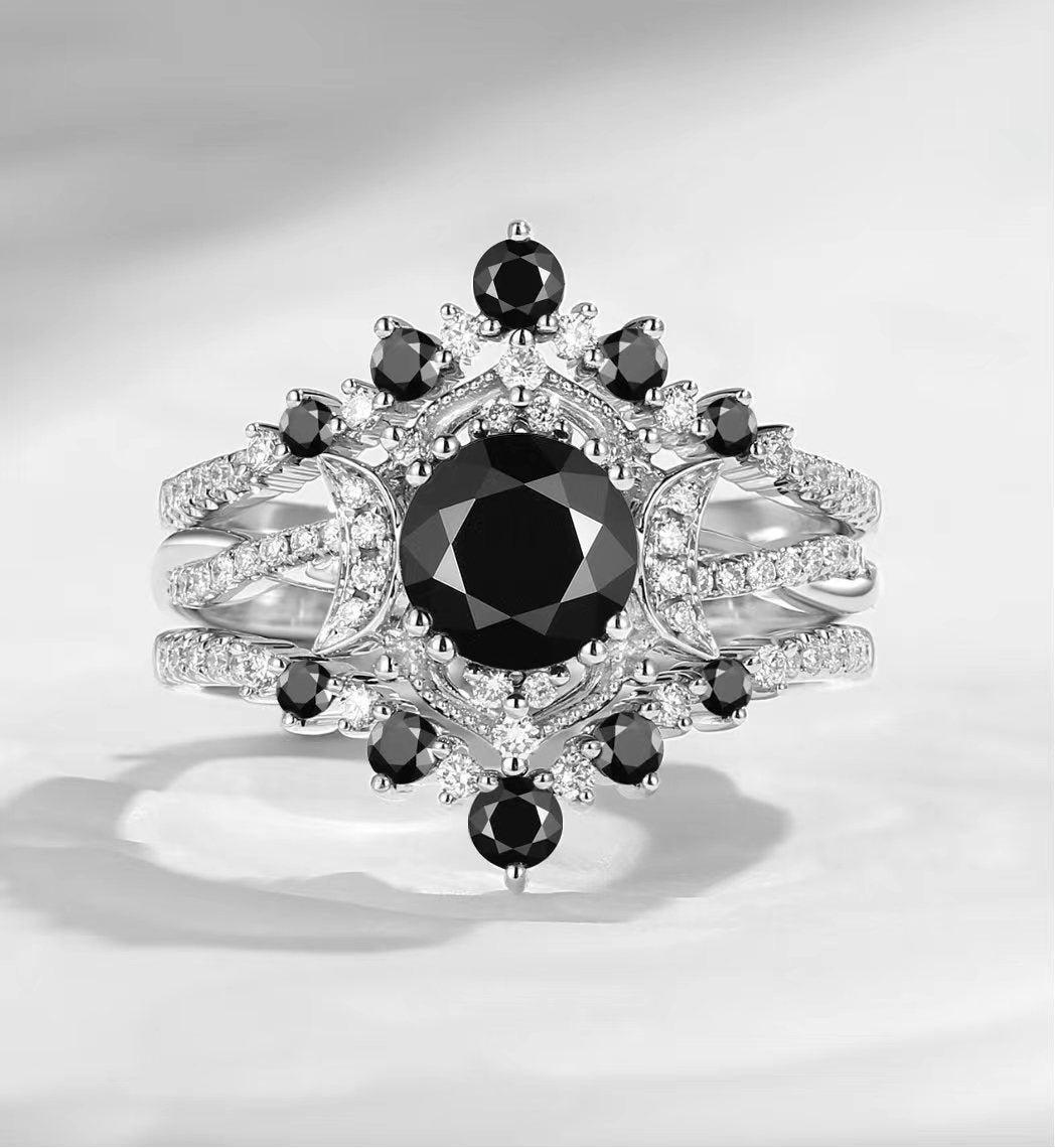 Crescent Moon | Unique Infinity Round Cut Black Moissanite Engagement Ring Set 3pcs