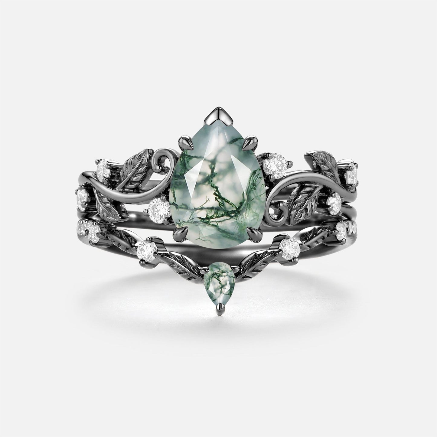 Pear Cut Moss Agate Leafy Antique Engagement Ring Set 2pcs - Almira