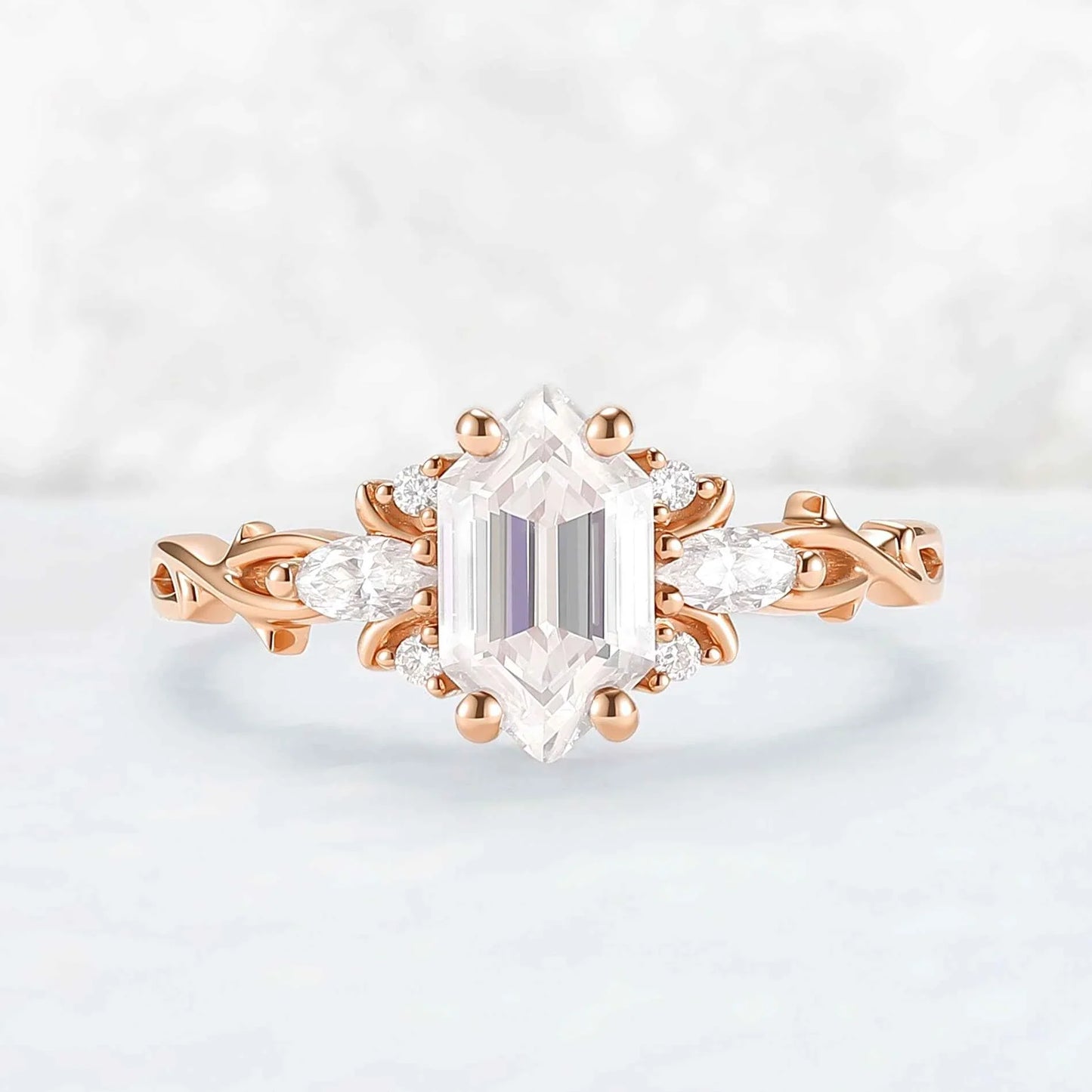 Unique Hexagon Cut Moissanite Vine Gemstone Ring Set 2pcs