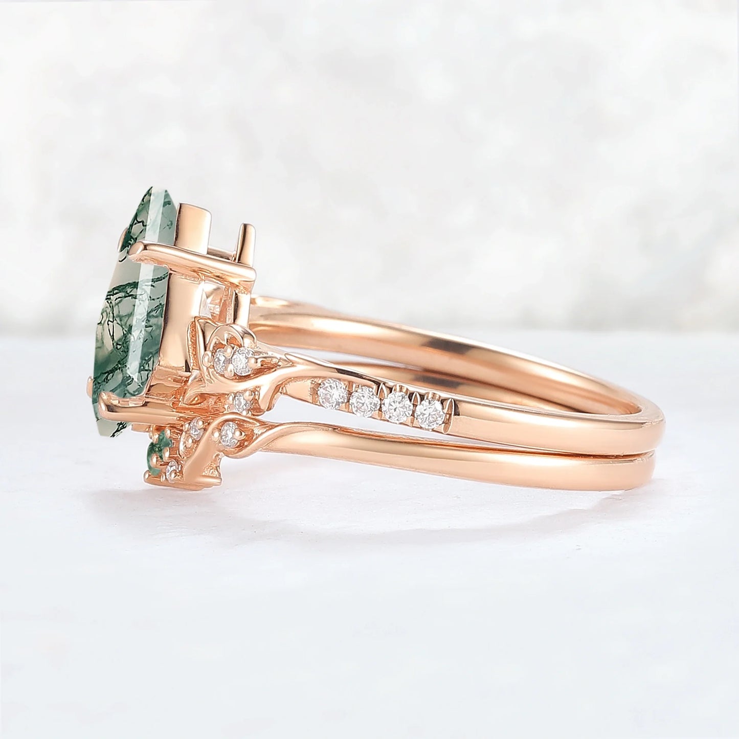 Nature Inspired Kite Cut Moss Agate Vine Gemstone Ring Set 2pcs