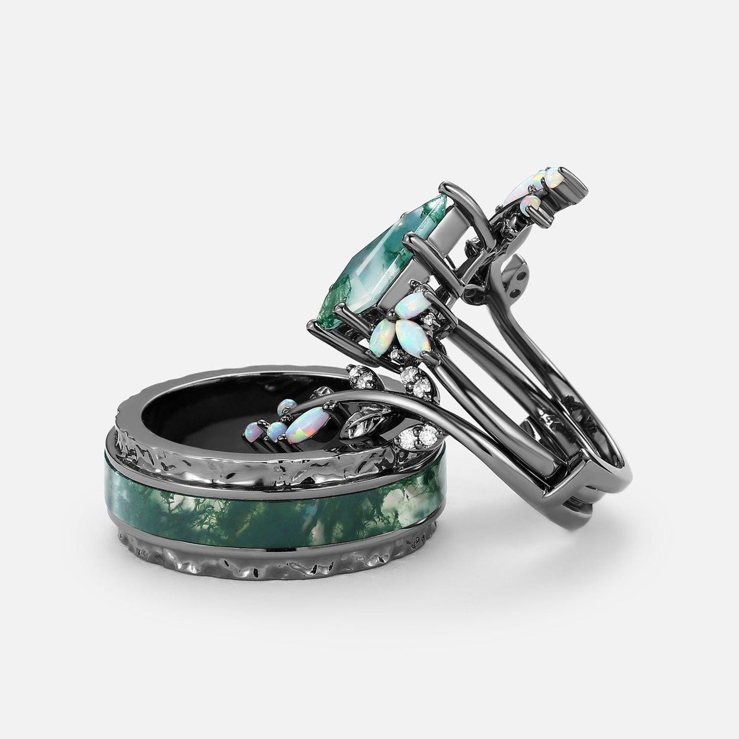 Knight’s Citadel | Kite Cut Moss Agate & Opal Couple Ring Set 3pcs