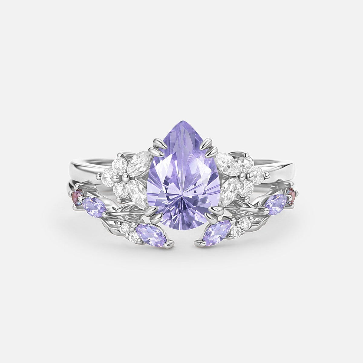 Firework Pear Cut Lab Lavender Sapphire Engagement Ring Set - Solveig