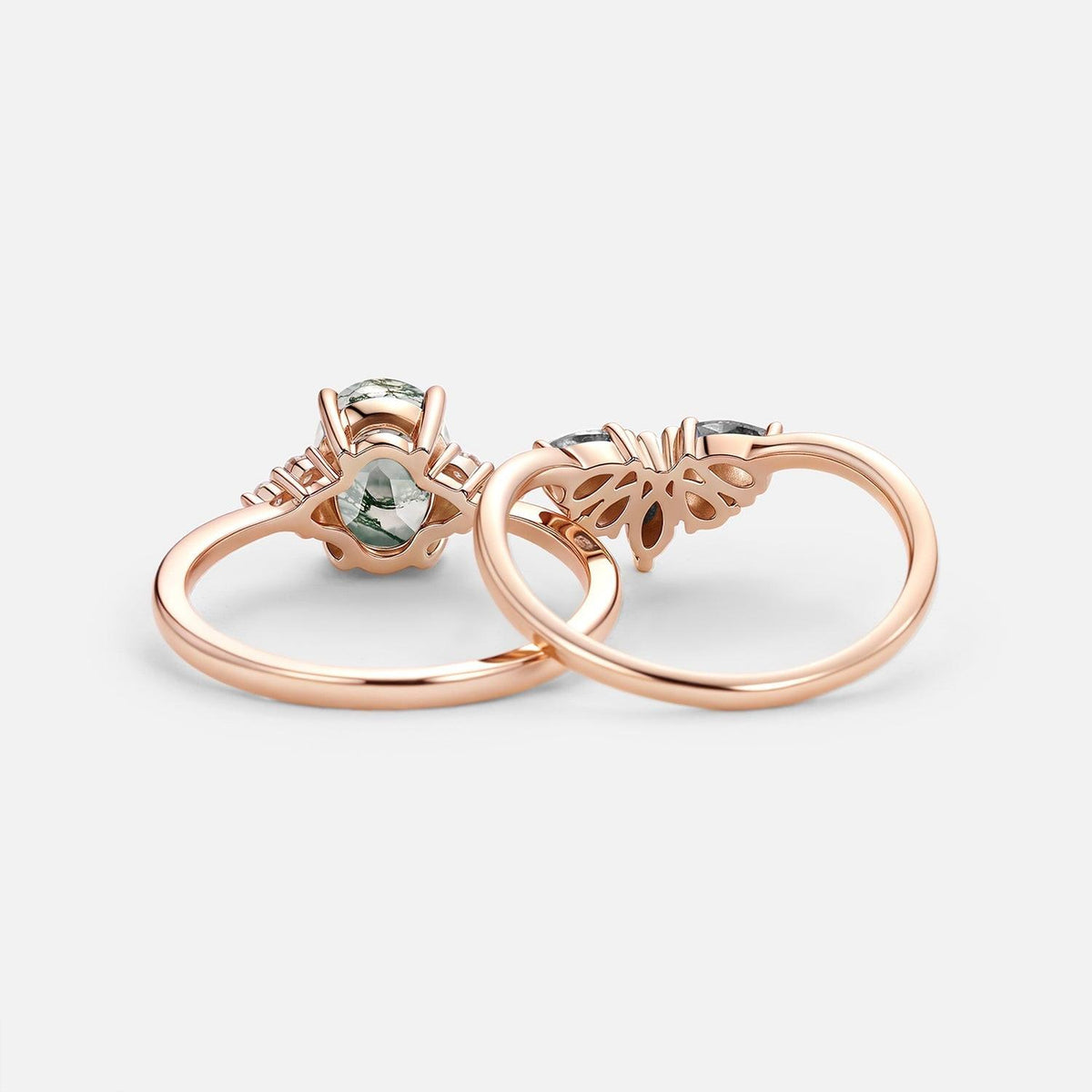 Thalia’s Harmony | Oval Cut Moss Agate & Salt and Pepper Diamond Bridal Set 2pcs