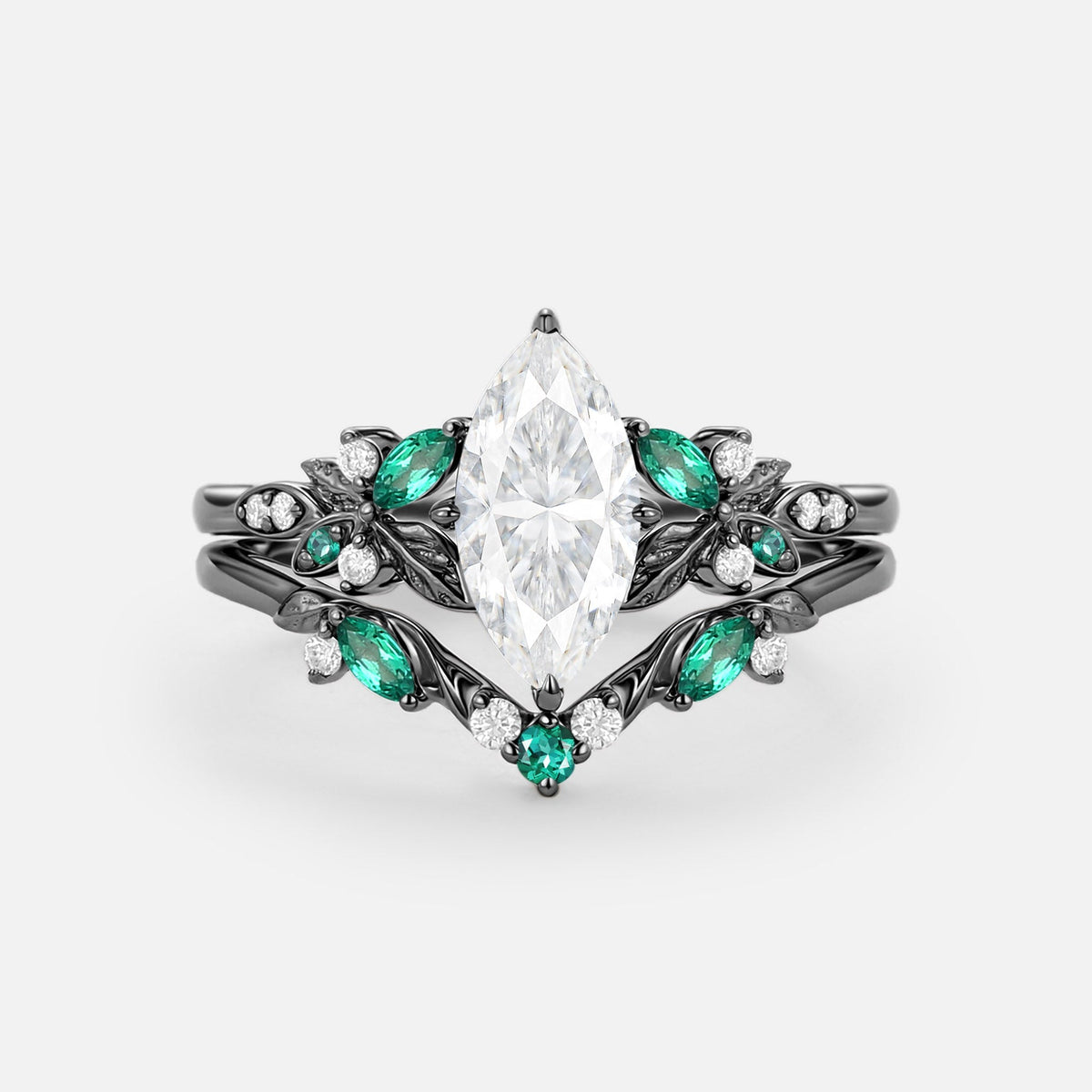 Marquise Moissanite Leafy Vintage Engagement Ring Sets 2pcs - Peony