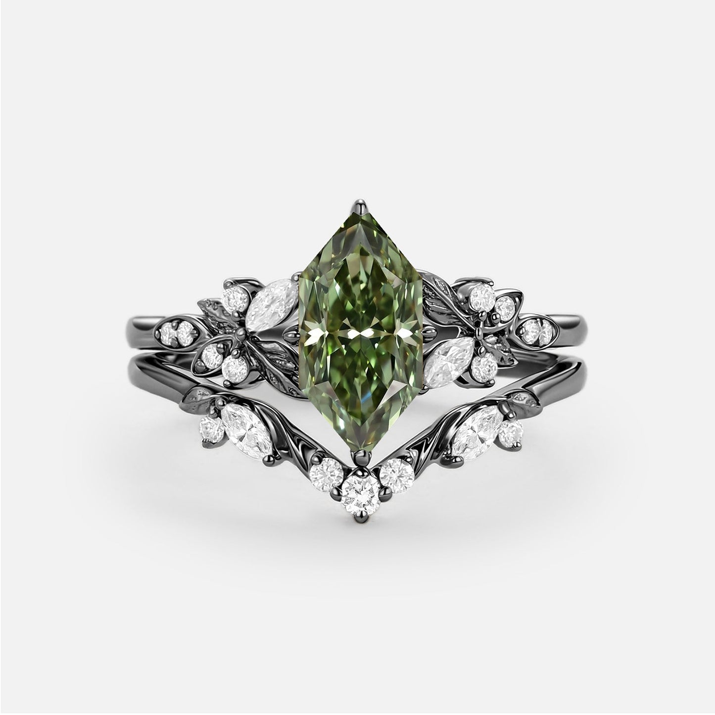 Dutch Marquise Cut Lab Green Diamond Leafy Engagement Ring Set - Peony