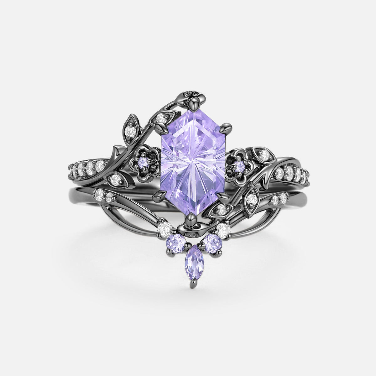 Firework Cut Lab Lavender Sapphire Hexagon Engagement Ring Set - Zane