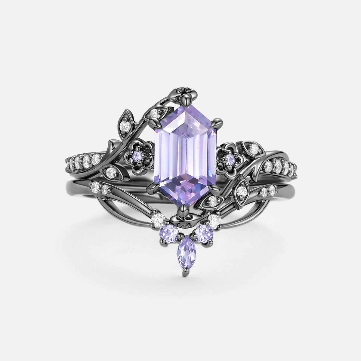 Hexagon Cut Lab Lavender Sapphire Engagement Ring Set - Zane