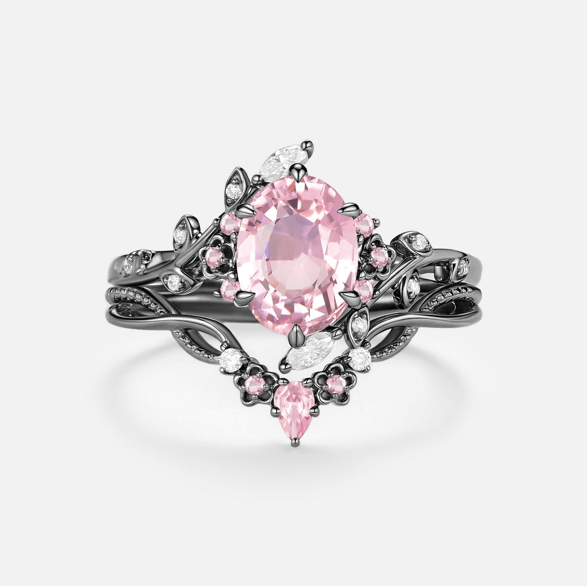 Oval Cut Pink Tourmaline Flower Engagement Ring Set 2pcs - Callista