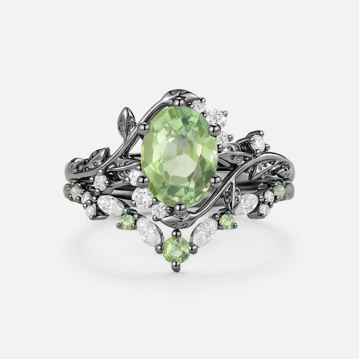 Oval Cut Green Tourmaline Leaf Engagement Ring Set 2pcs - Callista