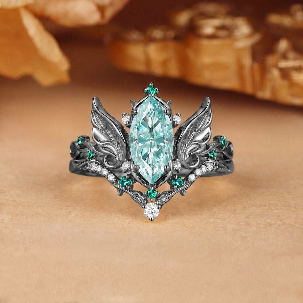 Forest Fairy Marquise Cut Green Moissanite Leafy Fly Engagement Ring Set 2pcs - Fawn