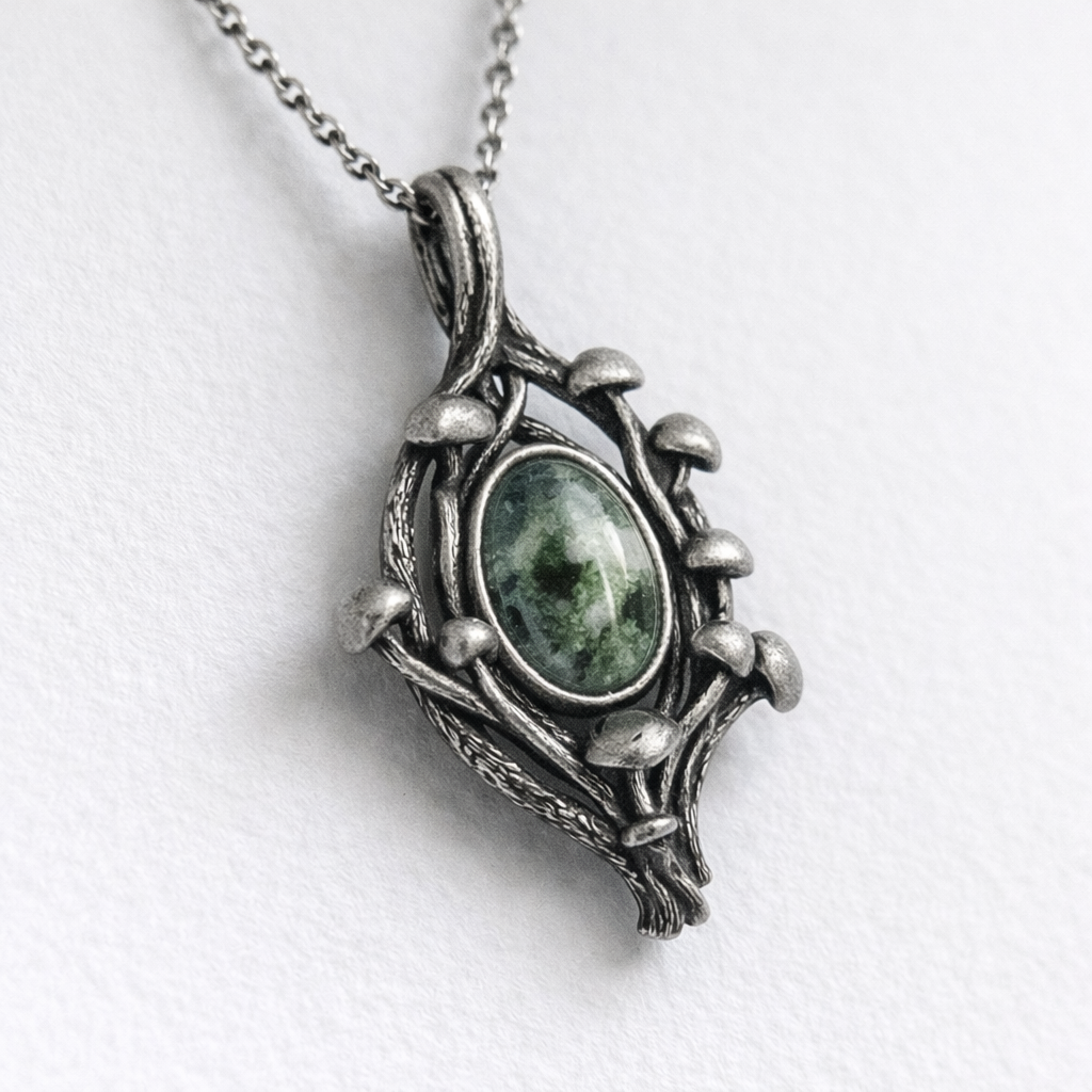 Moss Agate Mushroom Branch Style Sterling Silver Pendant