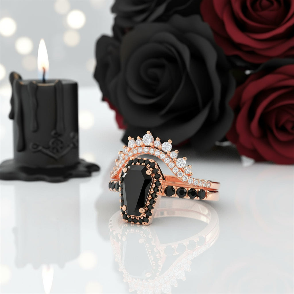 Best Love Rings in Rose Gold- Rare Coffin Cut Diamond Option Gothic Ring Set
