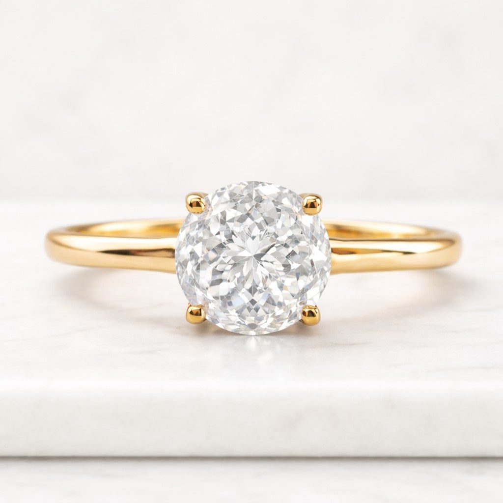 Round Portuguese Cut Lab Grown Diamond Engagement Ring in 14K Gold