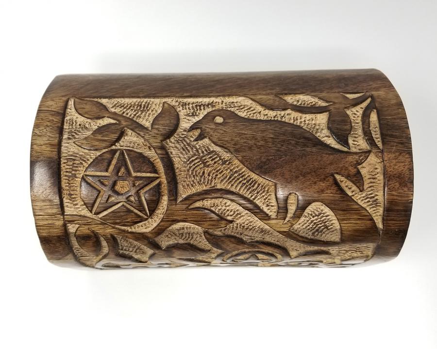 Raven & Pentagram Carved Round Top Wood Box 8"L x 5" W x 4.5"H