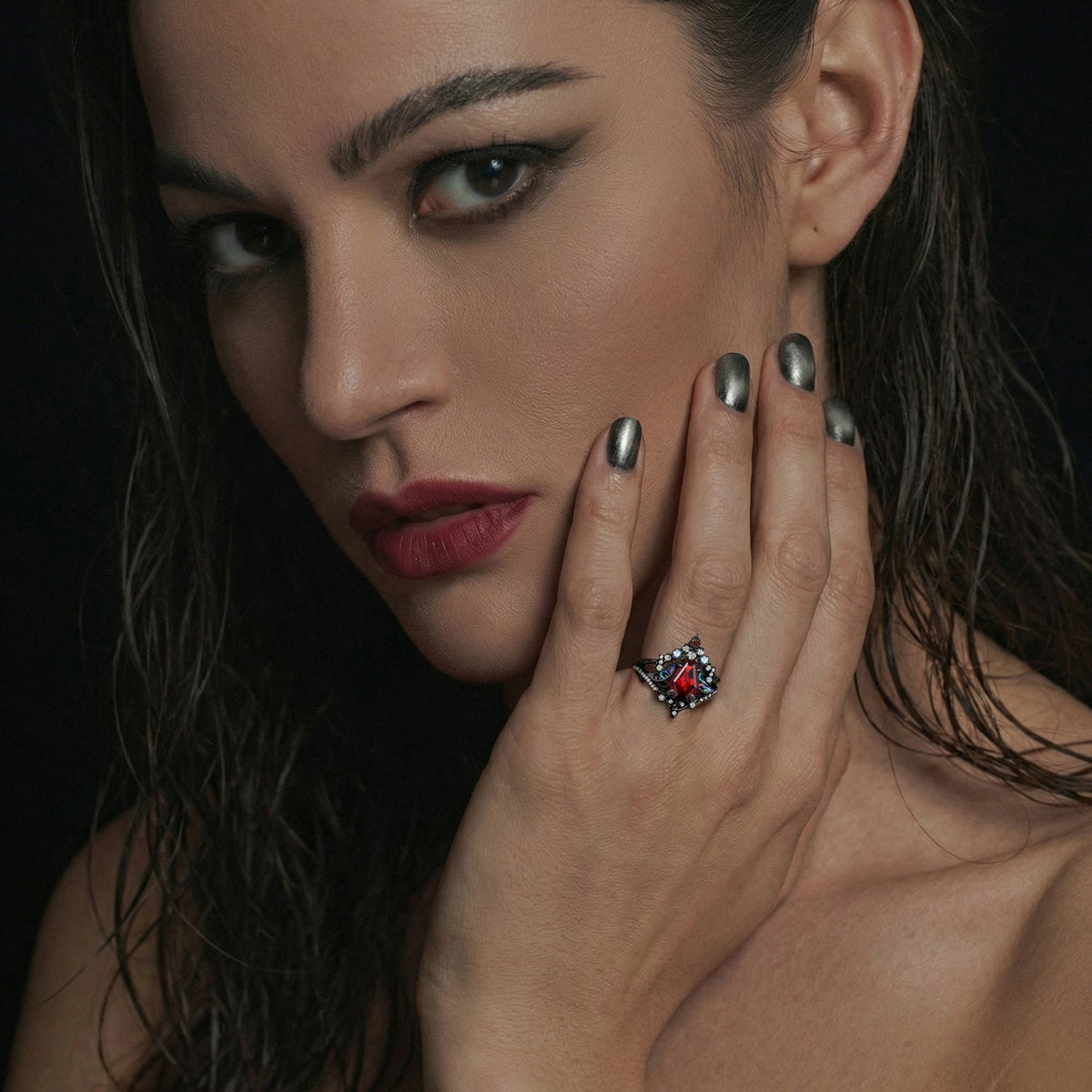 Celtic Moon 'Celestial Moon' - Coffin Cut Garnet & Abalone Shell Celtic Engagement Ring Set