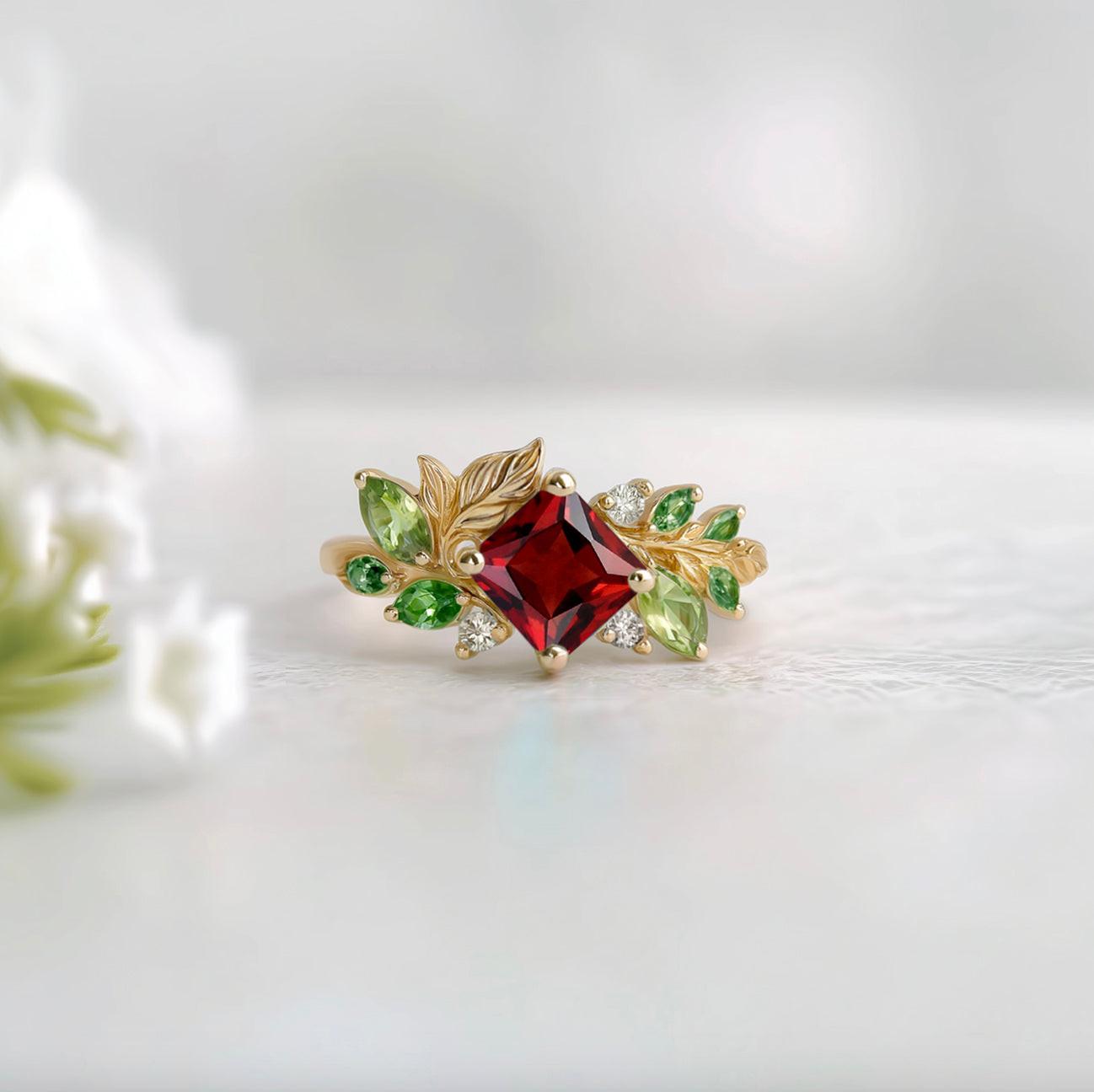 Rosalind’s Ode | Princess Cut Ruby Grand Foliage Engagement Ring