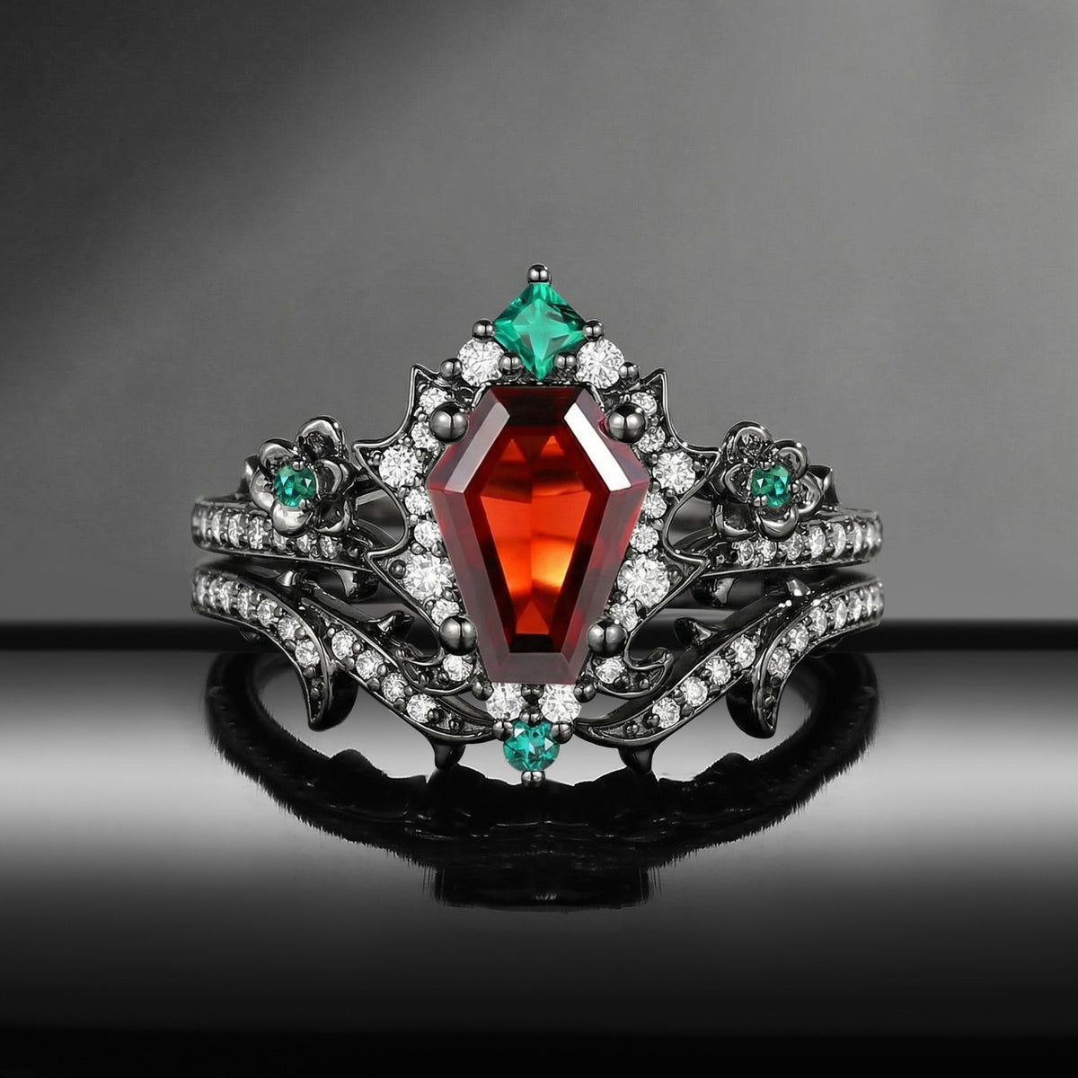Gothic Coffin Garnet & Lab Emerald Garden Of Eden Black Gold Engagement Ring Set 2pcs- 'Thorns & Roses'