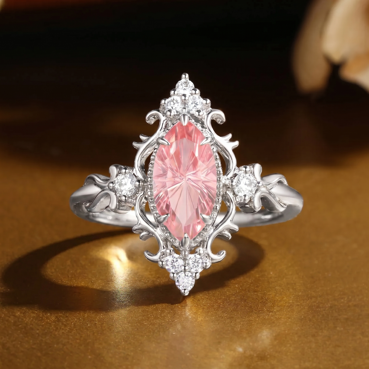 Marquise Firework Cut Padparadscha Vintage Engagement Ring - Eugenie