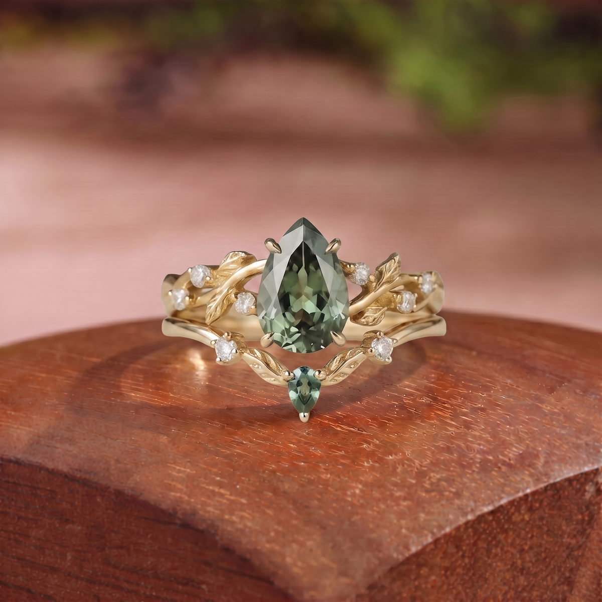 Pear Cut Lab Moss Green Sapphire Leaf Vine Bridal Set 2pcs - Ginger