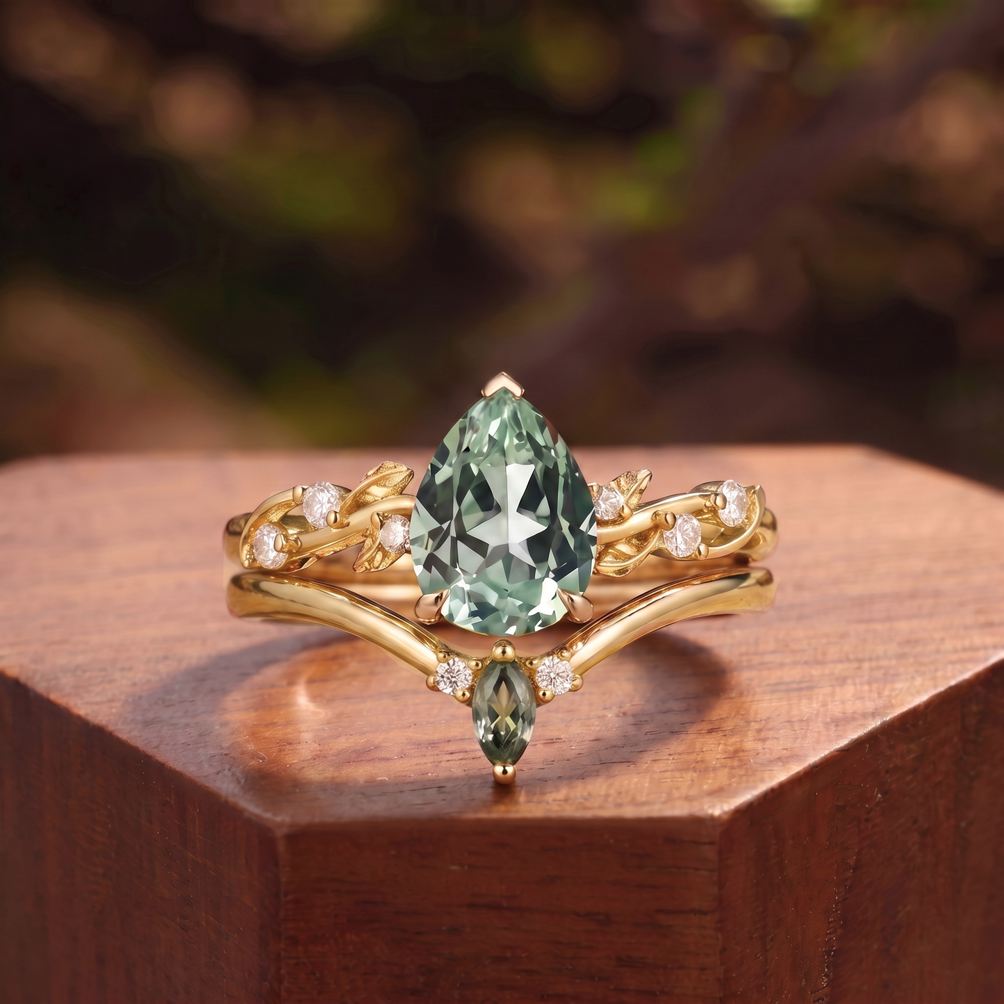 Pear Cut Lab Green Sapphire Twisted Vine Leaf Bridal Set 2pcs - Seren