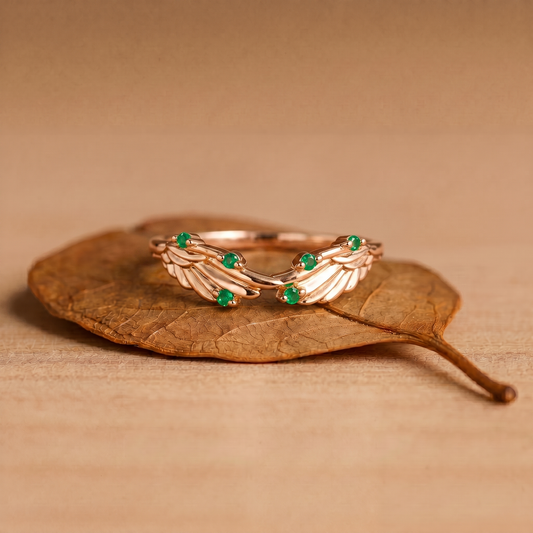 Fairy Wing Round Emerald Curved Stacking Wedding Band - Francine