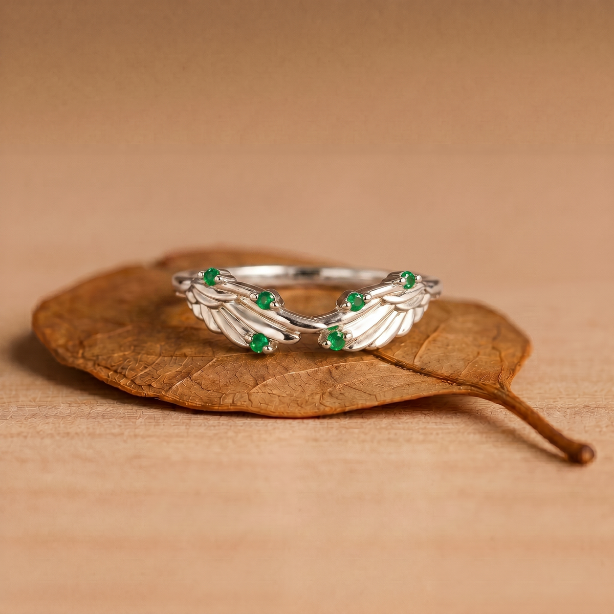 Fairy Wing Round Emerald Curved Stacking Wedding Band - Francine