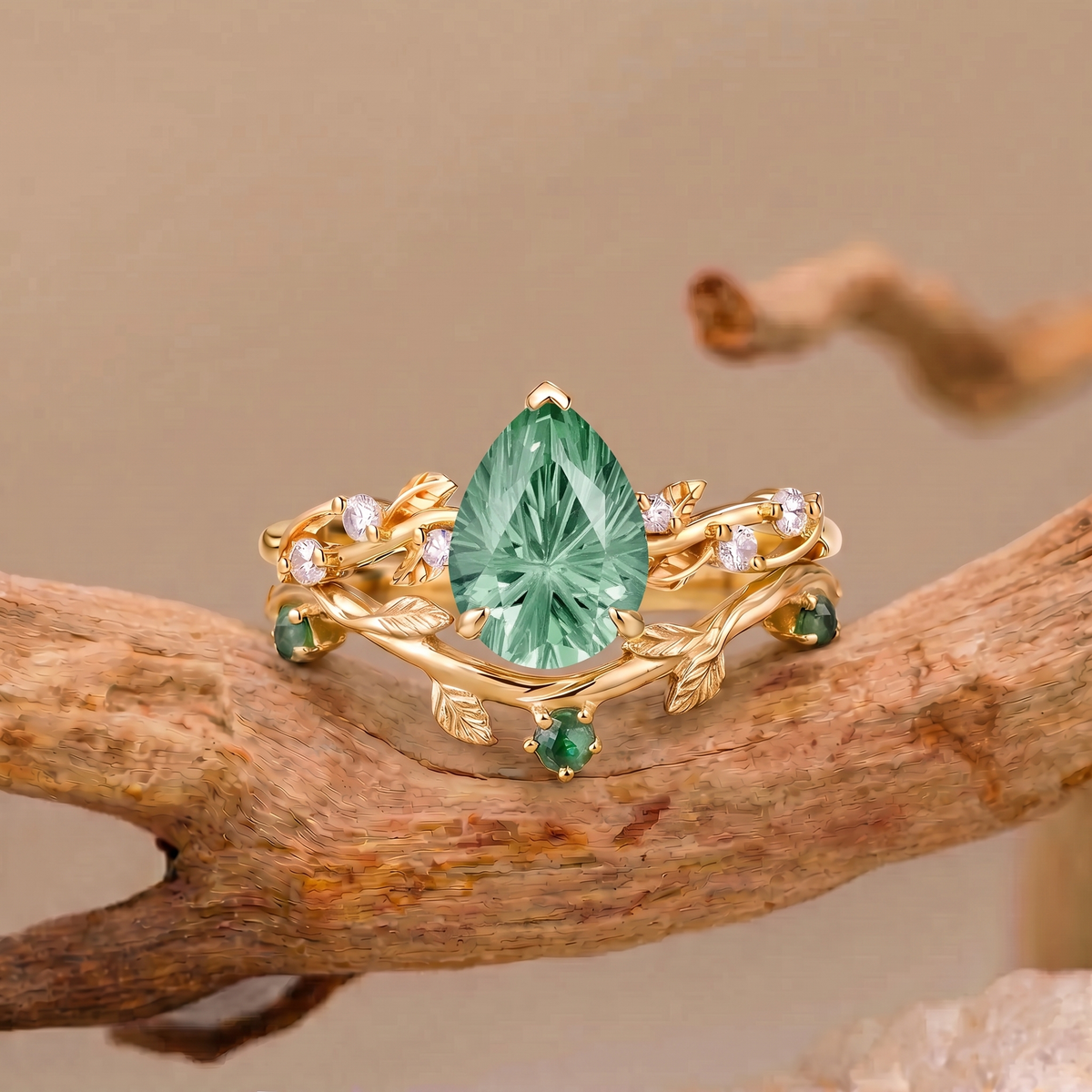 Firework Pear Cut Lab Green Leaf Vine Sapphire Bridal Set 2pcs - Clarissa