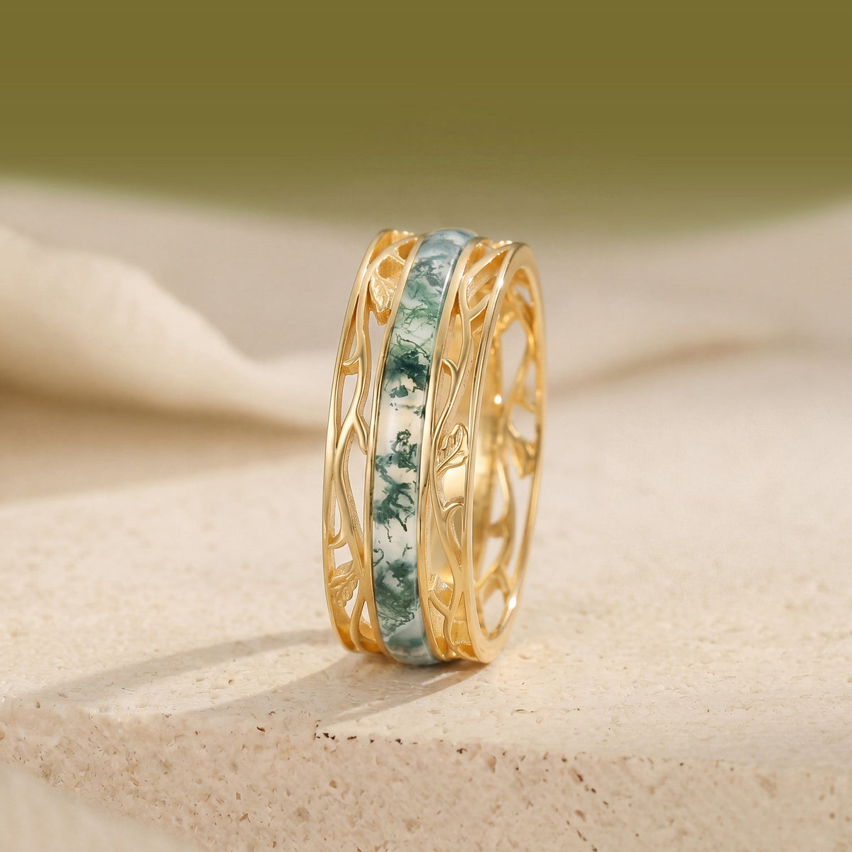 7MM Moss Agate Leaf Vine Branch Men‘s Ring