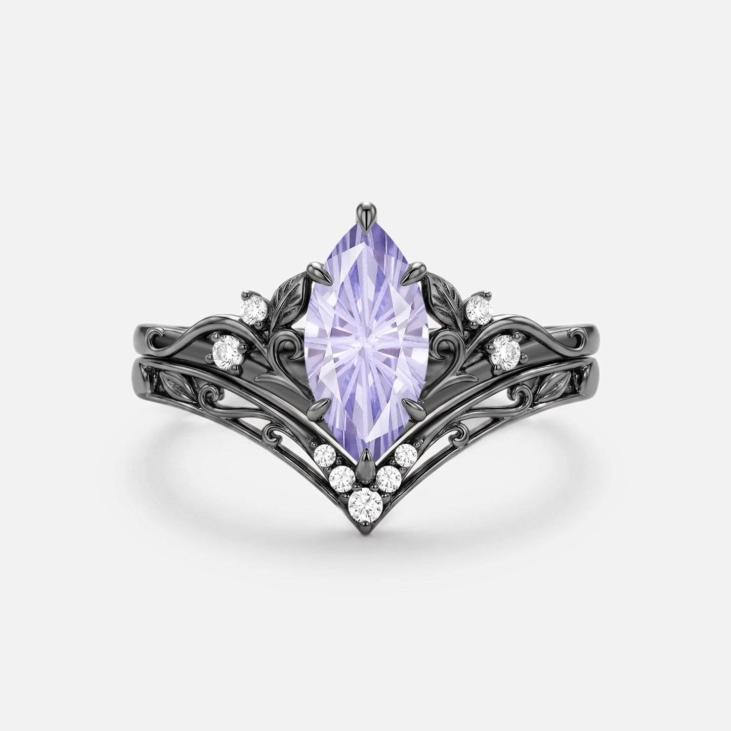 Marquise Leafy Firework Lab Lavender Sapphire Engagement Ring Sets 2pcs - Wisteria