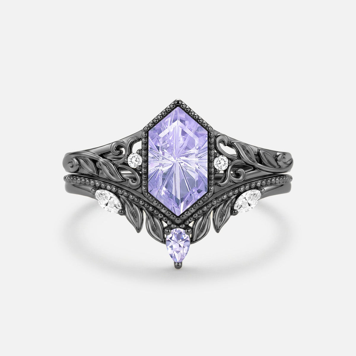 Elongated Hexagon Firework Cut Lab Lavender Sapphire Engagement Ring Set 2pcs-Margaux