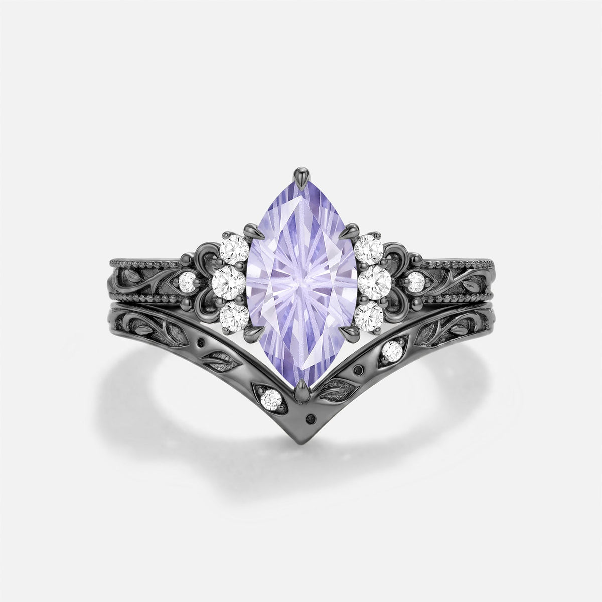 Marquise Firework Lab Lavender Sapphire Engraved Engagement Ring Set 2pcs - Rosalind