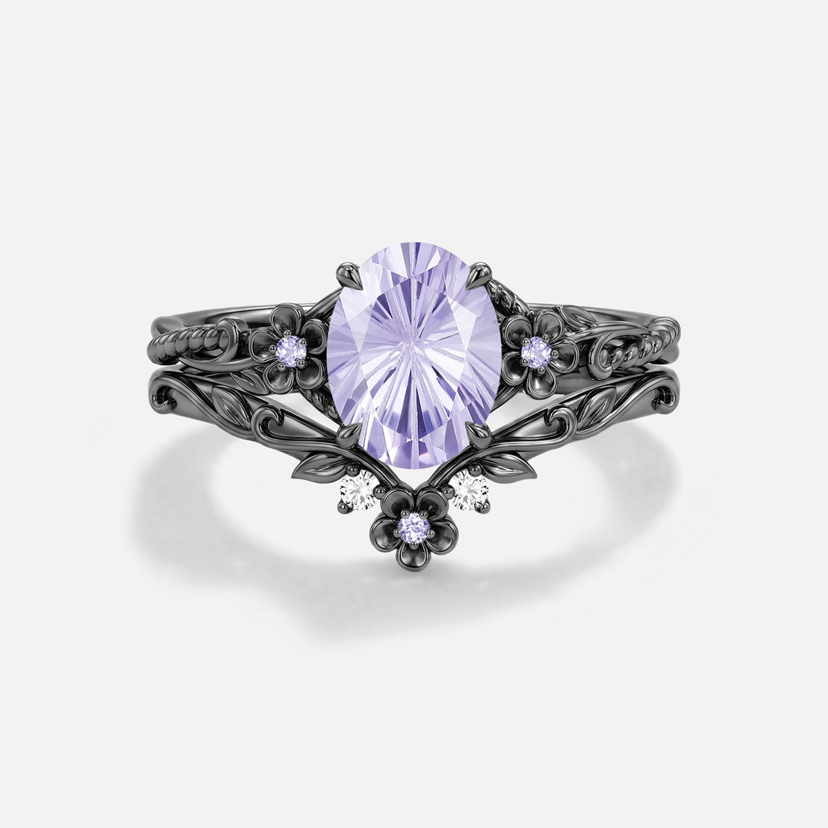 Oval Shaped Firework Lab Lavender Sapphire Flower Engagement Ring Set 2pcs - Meridian