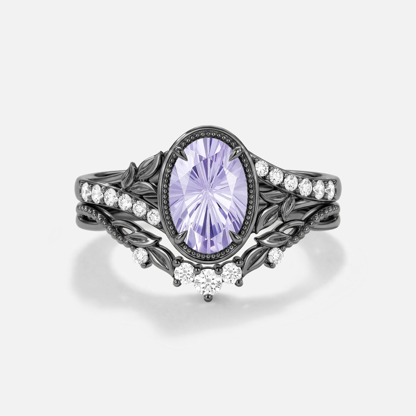 Firework Cut Oval Lab Lavender Sapphire Bezel Leafy Engagement Ring Sets 2pcs - Hollis